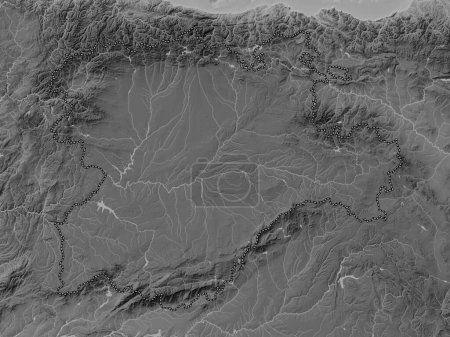 Foto de Castilla y León, comunidad autónoma de España. Mapa de elevación a escala de grises con lagos y ríos - Imagen libre de derechos