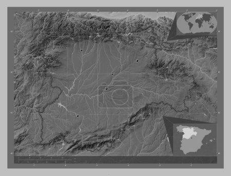 Photo for Castilla y Leon, autonomous community of Spain. Grayscale elevation map with lakes and rivers. Locations of major cities of the region. Corner auxiliary location maps - Royalty Free Image