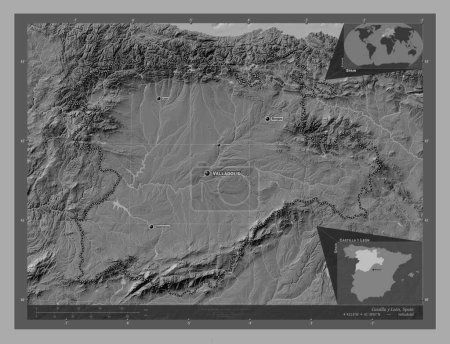 Foto de Castilla y Leon, autonomous community of Spain. Bilevel elevation map with lakes and rivers. Locations and names of major cities of the region. Corner auxiliary location maps - Imagen libre de derechos