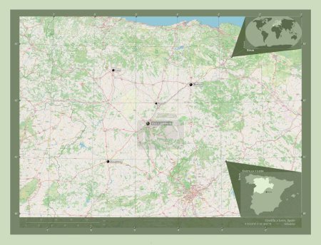 Foto de Castilla y León, comunidad autónoma de España. Open Street Map. Ubicaciones y nombres de las principales ciudades de la región. Mapas de ubicación auxiliares de esquina - Imagen libre de derechos