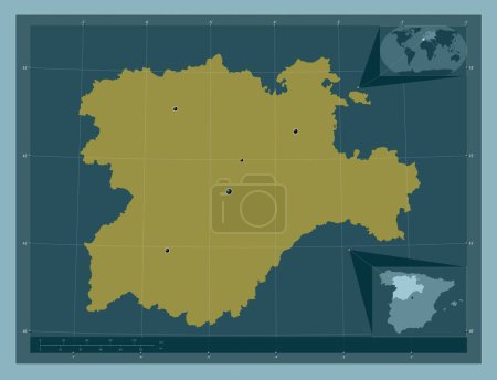 Téléchargez les photos : Castilla y Leon, autonomous community of Spain. Solid color shape. Locations of major cities of the region. Corner auxiliary location maps - en image libre de droit