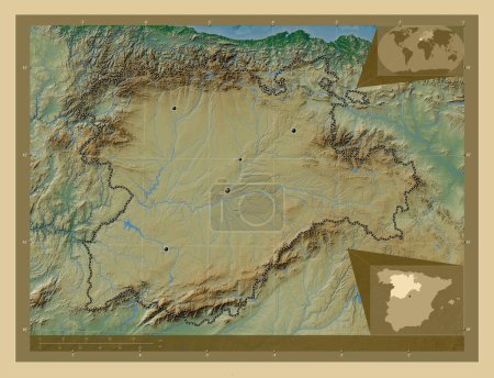 Foto de Castilla y Leon, autonomous community of Spain. Colored elevation map with lakes and rivers. Locations of major cities of the region. Corner auxiliary location maps - Imagen libre de derechos