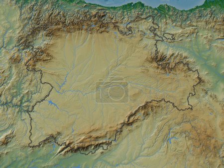 Foto de Castilla y León, comunidad autónoma de España. Mapa de elevación de colores con lagos y ríos - Imagen libre de derechos