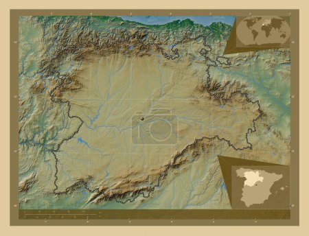 Téléchargez les photos : Castilla y Leon, autonomous community of Spain. Colored elevation map with lakes and rivers. Corner auxiliary location maps - en image libre de droit
