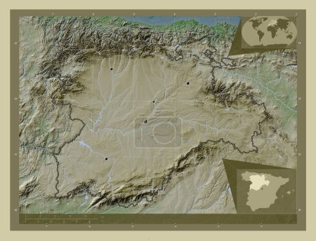 Photo for Castilla y Leon, autonomous community of Spain. Elevation map colored in wiki style with lakes and rivers. Locations of major cities of the region. Corner auxiliary location maps - Royalty Free Image