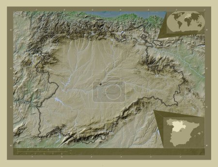 Téléchargez les photos : Castilla y Leon, autonomous community of Spain. Elevation map colored in wiki style with lakes and rivers. Corner auxiliary location maps - en image libre de droit