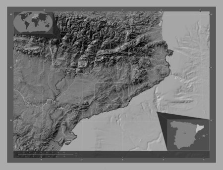 Téléchargez les photos : Cataluna, autonomous community of Spain. Bilevel elevation map with lakes and rivers. Corner auxiliary location maps - en image libre de droit
