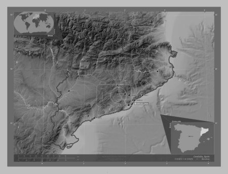 Foto de Cataluna, comunidad autónoma de España. Mapa de elevación a escala de grises con lagos y ríos. Ubicaciones y nombres de las principales ciudades de la región. Mapas de ubicación auxiliares de esquina - Imagen libre de derechos