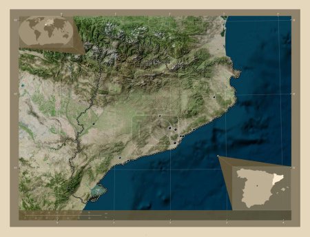 Foto de Cataluna, comunidad autónoma de España. Mapa satelital de alta resolución. Ubicaciones de las principales ciudades de la región. Mapas de ubicación auxiliares de esquina - Imagen libre de derechos