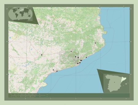 Téléchargez les photos : Cataluna, autonomous community of Spain. Open Street Map. Locations of major cities of the region. Corner auxiliary location maps - en image libre de droit