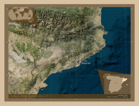Photo for Cataluna, autonomous community of Spain. Low resolution satellite map. Locations and names of major cities of the region. Corner auxiliary location maps - Royalty Free Image