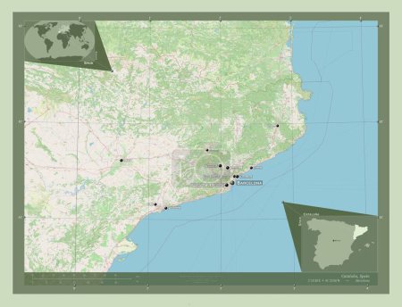 Foto de Cataluna, comunidad autónoma de España. Open Street Map. Ubicaciones y nombres de las principales ciudades de la región. Mapas de ubicación auxiliares de esquina - Imagen libre de derechos