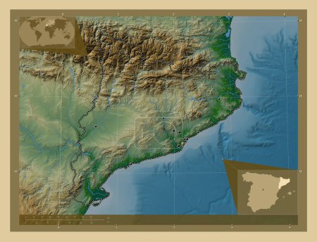Foto de Cataluna, comunidad autónoma de España. Mapa de elevación de colores con lagos y ríos. Ubicaciones de las principales ciudades de la región. Mapas de ubicación auxiliares de esquina - Imagen libre de derechos