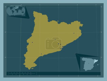 Foto de Cataluna, comunidad autónoma de España. Forma de color sólido. Ubicaciones de las principales ciudades de la región. Mapas de ubicación auxiliares de esquina - Imagen libre de derechos