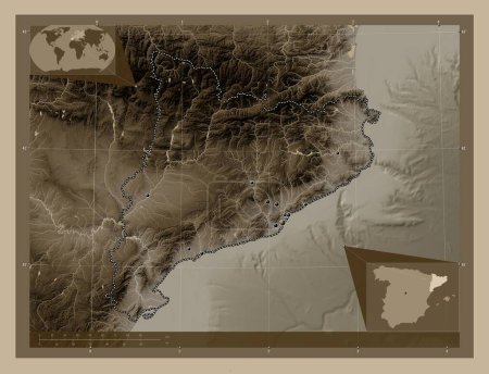 Photo for Cataluna, autonomous community of Spain. Elevation map colored in sepia tones with lakes and rivers. Locations of major cities of the region. Corner auxiliary location maps - Royalty Free Image