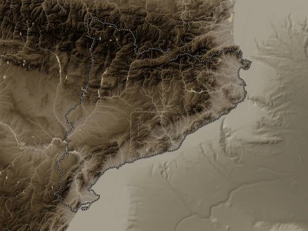 Photo for Cataluna, autonomous community of Spain. Elevation map colored in sepia tones with lakes and rivers - Royalty Free Image