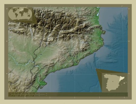 Foto de Cataluna, comunidad autónoma de España. Mapa de elevación coloreado en estilo wiki con lagos y ríos. Ubicaciones de las principales ciudades de la región. Mapas de ubicación auxiliares de esquina - Imagen libre de derechos