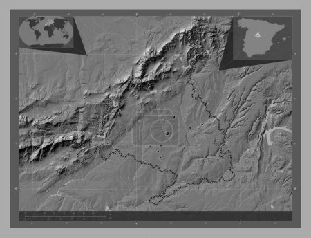 Foto de Comunidad de Madrid, autonomous community of Spain. Bilevel elevation map with lakes and rivers. Locations of major cities of the region. Corner auxiliary location maps - Imagen libre de derechos