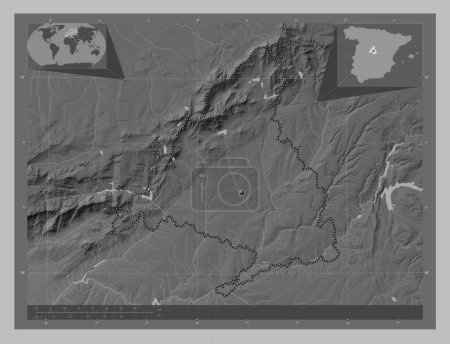 Téléchargez les photos : Comunidad de Madrid, autonomous community of Spain. Grayscale elevation map with lakes and rivers. Corner auxiliary location maps - en image libre de droit