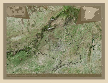Photo for Comunidad de Madrid, autonomous community of Spain. High resolution satellite map. Locations of major cities of the region. Corner auxiliary location maps - Royalty Free Image