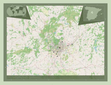 Foto de Comunidad de Madrid, comunidad autónoma de España. Open Street Map. Ubicaciones de las principales ciudades de la región. Mapas de ubicación auxiliares de esquina - Imagen libre de derechos