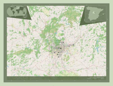 Téléchargez les photos : Comunidad de Madrid, autonomous community of Spain. Open Street Map. Locations and names of major cities of the region. Corner auxiliary location maps - en image libre de droit