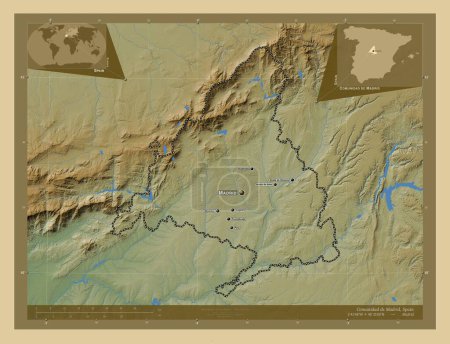Photo for Comunidad de Madrid, autonomous community of Spain. Colored elevation map with lakes and rivers. Locations and names of major cities of the region. Corner auxiliary location maps - Royalty Free Image