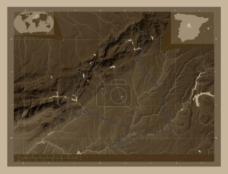 Photo for Comunidad de Madrid, autonomous community of Spain. Elevation map colored in sepia tones with lakes and rivers. Corner auxiliary location maps - Royalty Free Image
