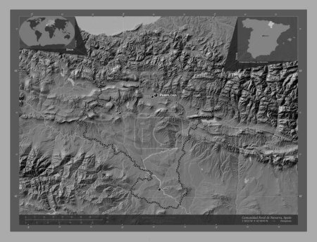 Photo for Comunidad Foral de Navarra, autonomous community of Spain. Bilevel elevation map with lakes and rivers. Locations and names of major cities of the region. Corner auxiliary location maps - Royalty Free Image