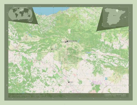Foto de Comunidad Foral de Navarra, comunidad autónoma de España. Open Street Map. Ubicaciones y nombres de las principales ciudades de la región. Mapas de ubicación auxiliares de esquina - Imagen libre de derechos