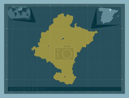 Photo for Comunidad Foral de Navarra, autonomous community of Spain. Solid color shape. Locations of major cities of the region. Corner auxiliary location maps - Royalty Free Image