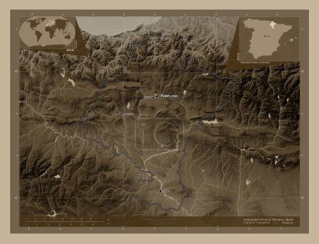 Photo for Comunidad Foral de Navarra, autonomous community of Spain. Elevation map colored in sepia tones with lakes and rivers. Locations and names of major cities of the region. Corner auxiliary location maps - Royalty Free Image