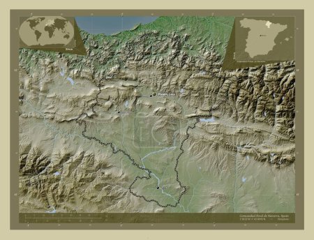 Photo for Comunidad Foral de Navarra, autonomous community of Spain. Elevation map colored in wiki style with lakes and rivers. Locations and names of major cities of the region. Corner auxiliary location maps - Royalty Free Image