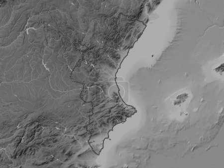 Photo for Comunidad Valenciana, autonomous community of Spain. Grayscale elevation map with lakes and rivers - Royalty Free Image