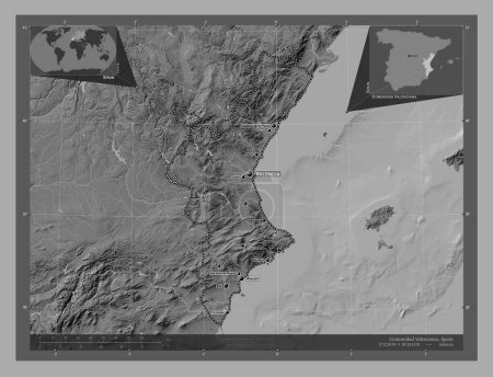 Photo for Comunidad Valenciana, autonomous community of Spain. Bilevel elevation map with lakes and rivers. Locations and names of major cities of the region. Corner auxiliary location maps - Royalty Free Image