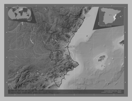 Photo for Comunidad Valenciana, autonomous community of Spain. Grayscale elevation map with lakes and rivers. Locations and names of major cities of the region. Corner auxiliary location maps - Royalty Free Image