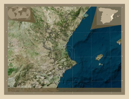 Téléchargez les photos : Comunidad Valenciana, autonomous community of Spain. High resolution satellite map. Locations of major cities of the region. Corner auxiliary location maps - en image libre de droit