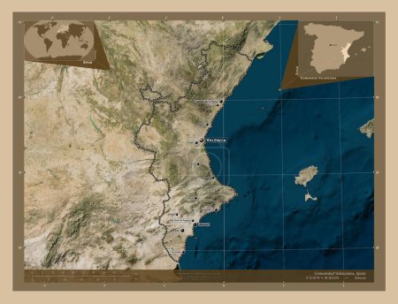 Foto de Comunidad Valenciana, autonomous community of Spain. Low resolution satellite map. Locations and names of major cities of the region. Corner auxiliary location maps - Imagen libre de derechos