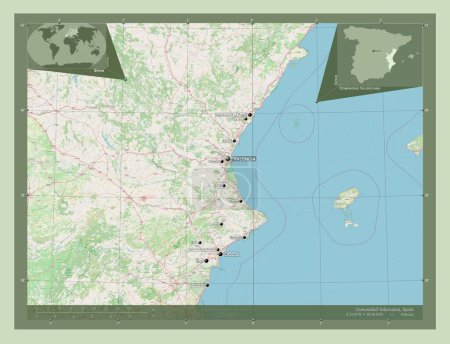 Comunidad Valenciana, autonome Gemeinschaft von Spanien. Open Street Map. Orte und Namen der wichtigsten Städte der Region. Eck-Zusatzstandortkarten