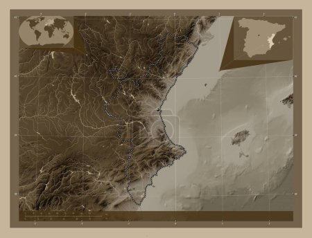 Photo for Comunidad Valenciana, autonomous community of Spain. Elevation map colored in sepia tones with lakes and rivers. Corner auxiliary location maps - Royalty Free Image
