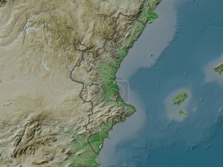 Foto de Comunidad Valenciana, comunidad autónoma de España. Mapa de elevación coloreado en estilo wiki con lagos y ríos - Imagen libre de derechos