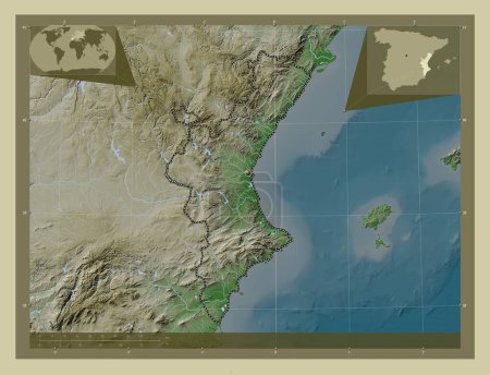 Téléchargez les photos : Comunidad Valenciana, autonomous community of Spain. Elevation map colored in wiki style with lakes and rivers. Corner auxiliary location maps - en image libre de droit