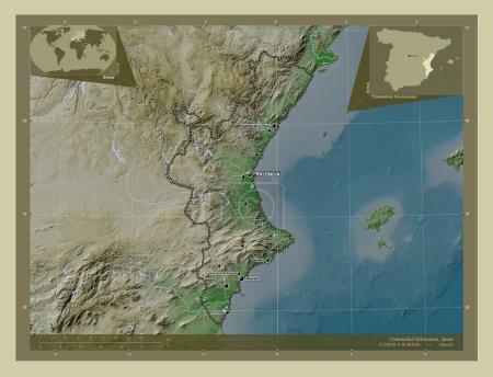Photo for Comunidad Valenciana, autonomous community of Spain. Elevation map colored in wiki style with lakes and rivers. Locations and names of major cities of the region. Corner auxiliary location maps - Royalty Free Image