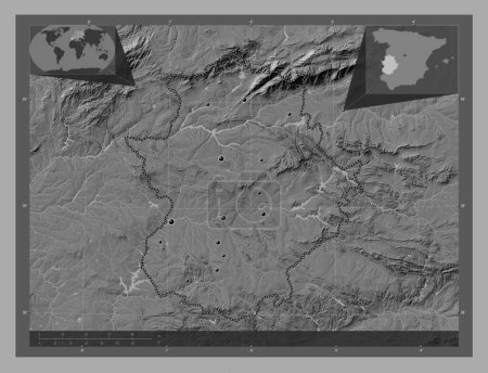 Foto de Extremadura, comunidad autónoma de España. Mapa de elevación de Bilevel con lagos y ríos. Ubicaciones de las principales ciudades de la región. Mapas de ubicación auxiliares de esquina - Imagen libre de derechos