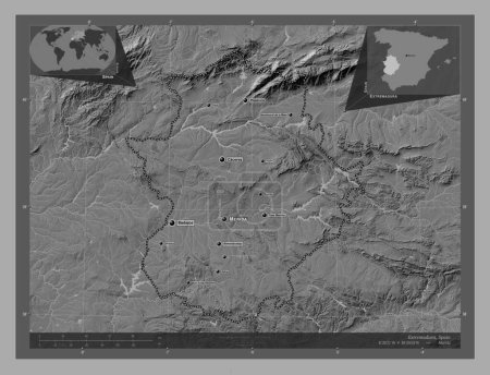 Foto de Extremadura, comunidad autónoma de España. Mapa de elevación de Bilevel con lagos y ríos. Ubicaciones y nombres de las principales ciudades de la región. Mapas de ubicación auxiliares de esquina - Imagen libre de derechos