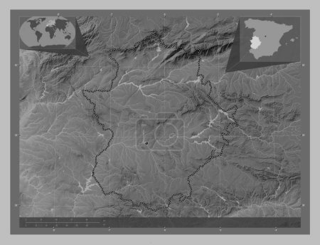Téléchargez les photos : Extremadura, autonomous community of Spain. Grayscale elevation map with lakes and rivers. Corner auxiliary location maps - en image libre de droit