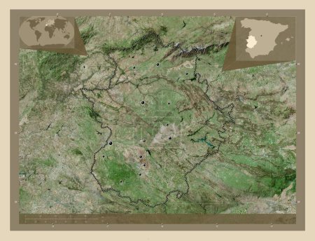 Foto de Extremadura, comunidad autónoma de España. Mapa satelital de alta resolución. Ubicaciones de las principales ciudades de la región. Mapas de ubicación auxiliares de esquina - Imagen libre de derechos