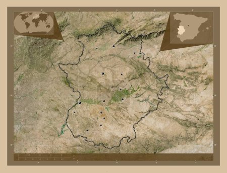 Foto de Extremadura, comunidad autónoma de España. Mapa satelital de baja resolución. Ubicaciones de las principales ciudades de la región. Mapas de ubicación auxiliares de esquina - Imagen libre de derechos