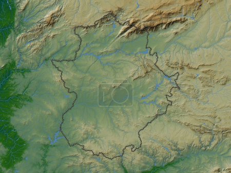 Téléchargez les photos : Estrémadure, communauté autonome d'Espagne. Carte d'altitude colorée avec lacs et rivières - en image libre de droit