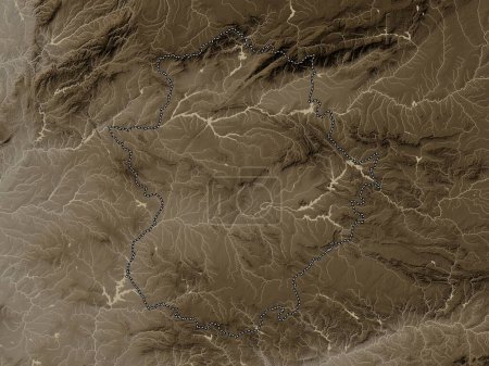 Photo for Extremadura, autonomous community of Spain. Elevation map colored in sepia tones with lakes and rivers - Royalty Free Image